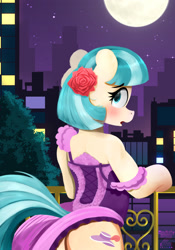 Size: 1476x2110 | Tagged: safe, artist:darksly, imported from derpibooru, coco pommel, earth pony, pony, bipedal, bipedal leaning, blushing, butt, city, cityscape, clothes, commission, dress, female, flower, flower in hair, full moon, leaning, looking at you, looking back, looking back at you, mare, moon, night, off shoulder, plot, railing, solo