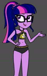 Size: 946x1536 | Tagged: safe, artist:dragonkingamn, edit, edited screencap, imported from derpibooru, screencap, sci-twi, twilight sparkle, bare arms, bare legs, bare shoulders, bikini, bikini bottom, bikini top, clothes, clothes swap, diamond, glasses, hand on hip, hand out, meh, open mouth, open smile, ponytail, smiling, smirk, studs, sunset shimmer's beach shorts swimsuit, swimsuit, swimsuit swap