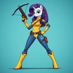 Size: 1024x1024 | Tagged: safe, imported from derpibooru, rarity, anthro, plantigrade anthro, unicorn, ai content, ai generated, bodysuit, clothes, cosplay, costume, crossbow, female, g.i. joe, generator:google imagen 3.0, gradient background, hand on hip, horn, prompter:zerowinger, scarlett, smiling, solo, weapon