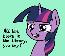 Size: 2048x1756 | Tagged: safe, artist:ewoudcponies, imported from derpibooru, twilight sparkle, pony, unicorn, bookhorse, bust, female, green background, horn, lidded eyes, mare, open mouth, open smile, simple background, smiling, solo