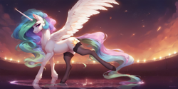 Size: 2048x1024 | Tagged: safe, imported from derpibooru, princess celestia, alicorn, ai content, ai generated, anonymous prompter, clothes, socks, solo, spread wings, thigh highs, unshorn fetlocks, wings