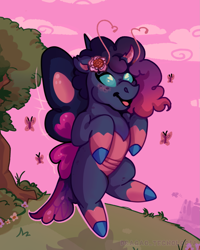 Size: 1535x1922 | Tagged: safe, artist:dragao_tecnologia, imported from derpibooru, butterfly, changeling, pony, series:cutie mark chaos, alternate universe, digital art, fanart, flower, flower in hair, g5, misty brightdawn