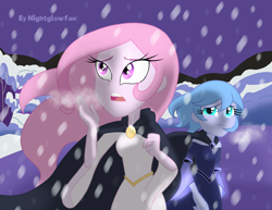 Size: 3300x2550 | Tagged: safe, artist:nightglowfan, imported from derpibooru, princess celestia, princess luna, human, equestria girls, clothes, dress, long hair, short hair, snow, snowfall