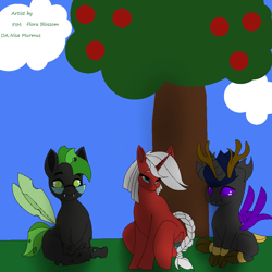 Size: 1000x1000 | Tagged: safe, artist:florablossomhq, imported from derpibooru, oc, oc only, changeling, earth pony, pony, apple, apple tree, braid, braided tail, food, free commission, tail, tree, trio