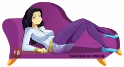 Size: 4096x2215 | Tagged: safe, artist:jackudoggy, imported from derpibooru, rarity, human, bedroom eyes, breasts, busty rarity, commissioner:prixy05, crossed legs, fainting couch, humanized, light skin, looking at you, lying down, on back, simple background, transparent background