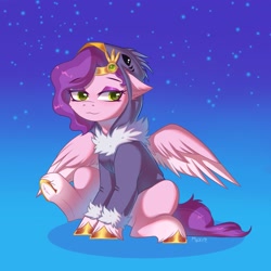 Size: 2000x2000 | Tagged: safe, artist:maxi_ponie, imported from derpibooru, pipp petals, pegasus, pony, animal costume, bird costume, cheek fluff, clothes, costume, diadem, ear fluff, eyebrows, eyebrows visible through hair, eyeshadow, female, g5, high res, jewelry, lidded eyes, makeup, mare, regalia, sitting, smiling, solo, spread wings, unshorn fetlocks, wings