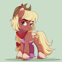 Size: 2048x2048 | Tagged: safe, artist:kuroartss, imported from derpibooru, applejack, earth pony, pony, alternate design, applejack's hat, cowboy hat, ear fluff, female, hat, high res, looking at you, mare, redesign, smiling, smiling at you, solo, unshorn fetlocks