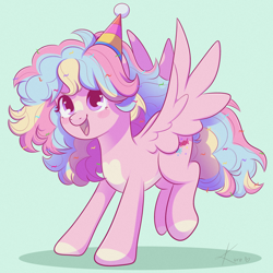 Size: 2048x2048 | Tagged: safe, artist:kuroartss, imported from derpibooru, pinkie pie, pegasus, pony, alternate cutie mark, alternate hairstyle, blush sticker, blushing, female, hat, high res, mare, open mouth, open smile, party hat, pegasus pinkie pie, race swap, redesign, smiling, solo, spread wings, tail, wings