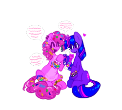 Size: 1154x1043 | Tagged: safe, artist:koidial, imported from derpibooru, pinkie pie, twilight sparkle, earth pony, pony, unicorn, :>, alternate design, anklet, arrow, bangs, blush scribble, blush sticker, blushing, bracelet, colored belly, colored eyelashes, colored lineart, colorful, confetti in mane, confetti in tail, curly mane, curly tail, cutie mark accessory, cutie mark earrings, duo, duo female, ear piercing, earring, eye clipping through hair, eyelashes, eyes closed, female, floating heart, freckles, glowing, glowing horn, hair accessory, heart, hoof hold, horn, jewelry, kandi, kandi bracelet, lesbian, looking at someone, magenta eyelashes, magic, mane accessory, mare, open mouth, open smile, pale belly, piercing, pink coat, pink mane, pink tail, purple blush, purple coat, purple eyelashes, purple eyes, raised hooves, requested art, saturated, scene, shiny mane, shiny tail, shipping, simple background, sitting, smiling, smiling at someone, speech bubble, sticker, straight mane, straight tail, swap, tail, talking, telekinesis, three quarter view, three toned mane, three toned tail, transparent background, twinkie, underhoof, unicorn twilight