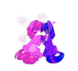 Size: 1154x1043 | Tagged: safe, alternate version, artist:koidial, imported from derpibooru, pinkie pie, twilight sparkle, earth pony, pony, unicorn, :>, alternate design, arrow, bangs, blush scribble, blush sticker, blushing, bracelet, colored belly, colored eyelashes, colored lineart, colorful, curly mane, curly tail, duo, duo female, eye clipping through hair, eyelashes, eyes closed, female, floating heart, glowing, glowing horn, heart, hoof hold, horn, jewelry, kandi, kandi bracelet, lesbian, looking at someone, magenta eyelashes, magic, mare, open mouth, open smile, pale belly, pink coat, pink mane, pink tail, purple blush, purple coat, purple eyelashes, purple eyes, raised hooves, requested art, saturated, shiny mane, shiny tail, shipping, simple background, sitting, smiling, smiling at someone, speech bubble, straight mane, straight tail, swap, tail, talking, telekinesis, three quarter view, three toned mane, three toned tail, transparent background, twinkie, underhoof, unicorn twilight