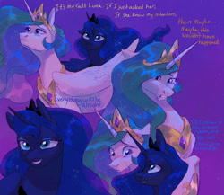 Size: 1500x1300 | Tagged: safe, artist:abbytabbys, imported from derpibooru, princess celestia, princess luna, alicorn, pony, alternate universe, blue coat, blue eyes, blue mane, blue pupils, blue text, colored eyebrows, colored pupils, crown, crying, description is relevant, dialogue, duo, duo female, ethereal mane, eyelashes, eyeshadow, female, folded wings, frown, gradient background, horn, implied twilight sparkle, jewelry, large wings, lidded eyes, long horn, long mane, looking at each other, looking at someone, looking up, makeup, mare, multicolored mane, open frown, open mouth, open smile, orange text, peytral, profile, purple eyes, purple eyeshadow, purple pupils, regalia, sad, shiny mane, smiling, smiling at someone, talking, tall ears, three quarter view, tiara, unicorn horn, wavy mane, white coat, wings, yellow text