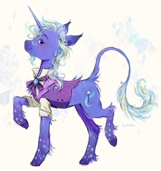 Size: 1201x1276 | Tagged: safe, artist:lutraviolet, imported from derpibooru, pony, unicorn, abstract background, alternate accessories, alternate clothes, alternate design, alternate hairstyle, alternate mane color, alternate tail color, alternate tailstyle, beard, beauty mark, blue coat, blushing, brooch, clothes, cloven hooves, colored eartips, colored hooves, colored horn, colored muzzle, colored pinnae, curly mane, curly tail, dark muzzle, ear fluff, ear tufts, eyelashes, eyeshadow, facial hair, facial markings, female, gradient ears, gradient horn, gradient muzzle, hatching (technique), hock fluff, hooves, horn, jewelry, leg fluff, leg markings, leonine tail, lidded eyes, long mane, long tail, looking back, makeup, mare, multicolored horn, popped collar, profile, purple eyeshadow, purple hooves, raised hoof, raised leg, rolled up sleeves, shiny horn, shiny hovoes, shirt, signature, smiling, sparkles, standing on two hooves, suit, tail, tail fluff, thin tail, trixie's brooch, unicorn beard, unshorn fetlocks, wall of tags, white shirt