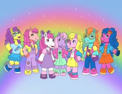 Size: 2560x1978 | Tagged: safe, artist:milliedubois, imported from derpibooru, bon bon (g1), bright eyes, clover (g1), melody, patch (g1), starlight (g1), sweetheart, earth pony, semi-anthro, my little pony tales, 7 pony friends, female, g1, mare, rainbow, rainbow background