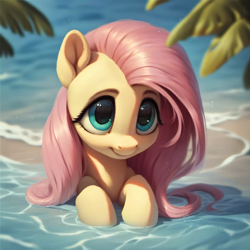 Size: 4096x4096 | Tagged: safe, imported from derpibooru, fluttershy, pegasus, pony, ai assisted, ai content, ai generated, beach, big eyes, cute, generator:purplesmart.ai, generator:stable diffusion, green eyes, long hair, looking at you, pink hair, prompter:saltyvity, smiling, smiling at you, solo, water