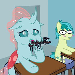 Size: 1920x1920 | Tagged: safe, artist:_butterscotch, imported from derpibooru, ocellus, sandbar, beetle, changeling, earth pony, insect, pony, desk, simple background, stool