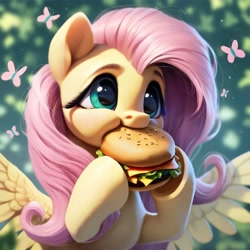 Size: 4096x4096 | Tagged: safe, imported from derpibooru, fluttershy, butterfly, pegasus, pony, ai assisted, ai content, ai generated, big eyes, blushing, burger, detailed hair, eating, food, funny, generator:stable diffusion, green background, green eyes, happy, long hair, pink mane, prompter:saltyvity, simple background, smiling, solo