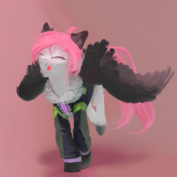 Size: 2449x2449 | Tagged: safe, artist:yanisfucker, imported from derpibooru, oc, oc only, pegasus, pony, abstract background, clothes, colored ears, colored hooves, colored wings, cute, eyes closed, flower, flower in mouth, hooves, jacket, mouth hold, running, smiling, solo, spread wings, wings