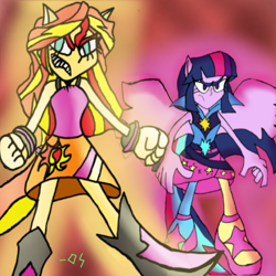 Size: 736x736 | Tagged: safe, imported from derpibooru, sunset shimmer, twilight sparkle, equestria girls, duo, duo female, female, my little pony equestria girls: rainbow rocks, ponied up, rainbow rocks 10th anniversary, red sky, redraw, welcome to the show