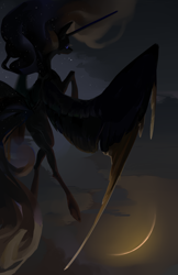 Size: 1974x3037 | Tagged: safe, artist:yanisfucker, imported from derpibooru, nightmare moon, princess luna, alicorn, pony, crescent moon, crossed legs, ethereal mane, female, flying, large wings, mare, missing cutie mark, moon, night, rear view, solo, starry mane, stars, wings