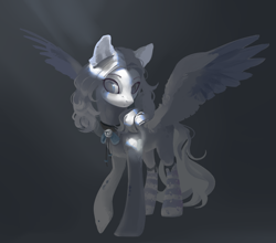 Size: 2608x2300 | Tagged: safe, artist:yanisfucker, imported from derpibooru, oc, oc only, pegasus, pony, abstract background, bell, bell collar, blank flank, clothes, coat markings, collar, crepuscular rays, dappled, female, high res, mare, shadow, socks, solo, spread wings, striped socks, white hair, wings