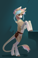 Size: 1984x3023 | Tagged: safe, artist:yanisfucker, imported from derpibooru, oc, oc only, classical unicorn, pony, unicorn, bipedal, cloven hooves, coat markings, colored hooves, hooves, horn, leonine tail, multicolored hair, pale belly, rainbow hair, simple background, socks (coat markings), solo, standing up, tail, unshorn fetlocks