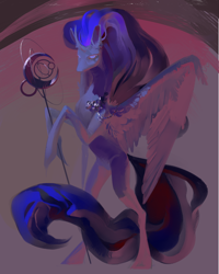 Size: 2000x2500 | Tagged: safe, artist:yanisfucker, imported from derpibooru, princess luna, alicorn, pony, bipedal, curved horn, female, horn, long tail, mare, missing cutie mark, rearing, slender, solo, spread wings, staff, tail, thin, wings