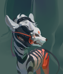 Size: 2267x2645 | Tagged: safe, artist:yanisfucker, imported from derpibooru, oc, oc only, pony, zebra, abstract background, ambiguous gender, bells, fangs, mask, solo, teeth, zebra oc