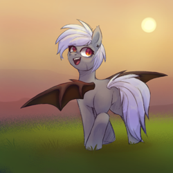 Size: 1280x1280 | Tagged: safe, imported from derpibooru, oc, oc only, bat pony, pony, fangs, female, full body, grass, gray coat, horizons, language, photo, scar, simple background, sky, smiling, sun