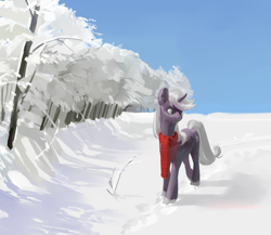 Size: 2631x2280 | Tagged: safe, artist:yanisfucker, imported from derpibooru, oc, oc only, pony, unicorn, clothes, cutie mark, forest, high res, horn, nature, scarf, scenery, sky, smiling, snow, solo, tree, walking, winter