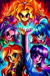 Size: 1909x2880 | Tagged: safe, artist:rafastary, imported from derpibooru, adagio dazzle, aria blaze, sonata dusk, sunset shimmer, twilight sparkle, human, equestria girls, female, humanized, my little pony equestria girls: rainbow rocks, rainbow rocks 10th anniversary, the dazzlings