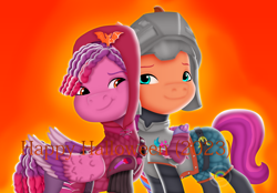 Size: 1360x944 | Tagged: safe, artist:reafelice14, imported from derpibooru, sunny starscout, earth pony, pegasus, pony, armor, cheek to cheek, cloak, clothes, costume, duo, duo female, female, g5, gradient background, halloween, halloween costume, holiday, hoof around neck, mare, ruby jubilee