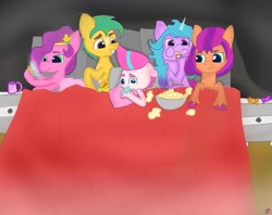 Size: 1080x856 | Tagged: safe, artist:heart k art, imported from derpibooru, hitch trailblazer, izzy moonbow, pipp petals, sunny starscout, zipp storm, earth pony, pegasus, pony, unicorn, bed, blanket, bowl, cellphone, cup, eating, female, food, g5, group photo, heart, heart pillow, horn, mane five, mare, phone, pillow, popcorn, scared, sleepover, smartphone, watching tv