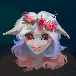 Size: 2449x2449 | Tagged: safe, artist:yanisfucker, imported from derpibooru, oc, oc only, pony, abstract background, bust, floppy ears, flower, flower in hair, freckles, looking at you, portrait, solo