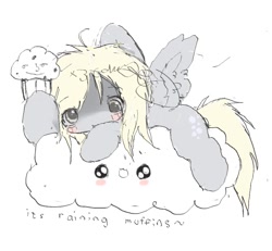 Size: 1209x1119 | Tagged: safe, artist:x3tamago, imported from derpibooru, derpy hooves, pegasus, pony, cloud, female, food, lying down, mare, muffin, on a cloud, prone, simple background, solo, white background