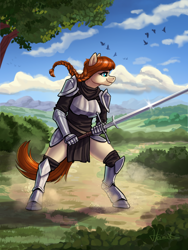 Size: 3000x4000 | Tagged: safe, artist:helmie-art, imported from derpibooru, oc, oc only, oc:dusty heartwood, anthro, unguligrade anthro, armor, braid, female, scenery, smiling, solo, sword, tree, unconvincing armor, weapon