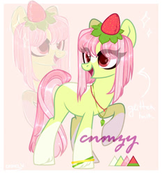 Size: 1006x1080 | Tagged: safe, imported from derpibooru, oc, oc only, earth pony, pony, adoptable, adoptable open, auction, auction open, cute, female, food, for sale, green skin, happy, light skin, pink hair, red eyes, smiling, solo, strawberry, tail