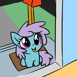 Size: 1024x1024 | Tagged: safe, artist:rusfag, imported from derpibooru, snow shower, oc, pegasus, pony, cute, doormat, doorway, female, let me in, mailbox, mare, ocbetes, open mouth, open smile, sitting, smiling, solo