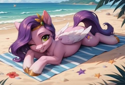 Size: 1216x832 | Tagged: safe, imported from derpibooru, pipp petals, pegasus, pony, ai content, ai generated, beach, g5, looking at you, one eye closed, towel, wink, winking at you