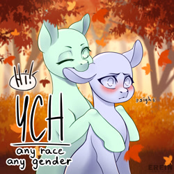 Size: 2000x2000 | Tagged: safe, artist:erein, imported from derpibooru, pony, advertisement, any gender, any race, auction, auction open, autumn, biting, blushing, commission, duo, ear bite, ears up, high res, leaves, outdoors, park, smiling, speech bubble, text, tree, ych sketch, your character here