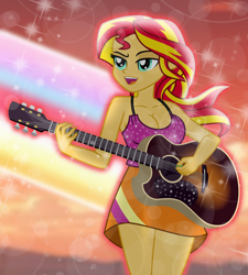 Size: 6780x7536 | Tagged: safe, artist:emeraldblast63, imported from derpibooru, sunset shimmer, human, equestria girls, breasts, cleavage, clothes, female, guitar, musical instrument, my little pony equestria girls: rainbow rocks, open mouth, rainbow rocks 10th anniversary, singing