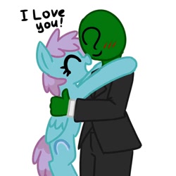 Size: 1024x1024 | Tagged: safe, artist:anonymous, imported from derpibooru, snow shower, oc, oc only, oc:anon, human, pony, blushing, duo, duo male and female, eyes closed, female, female oc, holding a pony, hug, human oc, i love you, male, mare, mare oc, pony oc, simple background, smiling, talking, white background