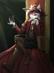 Size: 2176x2902 | Tagged: safe, artist:shinech9, imported from derpibooru, oc, oc only, oc:star nova, anthro, hybrid, zebra, zony, alcohol, alucard, closed mouth, clothes, coat, cosplay, costume, glass, glasses, hat, looking at you, male, pink eyes, sitting, solo, solo male, stallion, striped mane, wine, wine glass, zebra oc