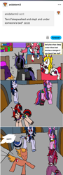 Size: 1179x3260 | Tagged: safe, artist:ask-luciavampire, imported from derpibooru, oc, bat pony, earth pony, pony, undead, unicorn, vampire, vampony, ask, bed room, horn, tumblr