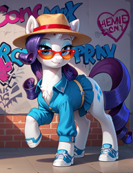 Size: 1000x1296 | Tagged: safe, imported from derpibooru, rarity, pony, unicorn, ai content, ai generated, chest fluff, clothes, ear fluff, female, full body, generator:pony diffusion v6 xl, generator:stable diffusion, glasses, graffiti, hat, hoof shoes, horn, lidded eyes, mare, outdoors, prompter:lager ai, raised hoof, rarity always dresses in style, smiling, solo, wall