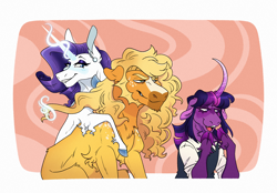 Size: 2360x1640 | Tagged: safe, artist:angstyram, imported from derpibooru, applejack, rarity, twilight sparkle, earth pony, pony, unicorn, abstract background, blaze (coat marking), cloven hooves, coat markings, curved horn, facial markings, female, floppy ears, glowing, glowing horn, horn, lesbian, lip bite, long hair, magic, mare, polyamory, rarijack, rarilight, shipping, telekinesis, trio, trio female, twijack