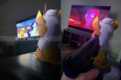 Size: 6004x3970 | Tagged: safe, artist:witchtaunter, imported from derpibooru, applejack, rarity, tempest shadow, oc, kirin, commission, cute, gun, rear view, this will end in death, weapon