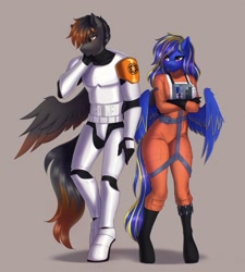 Size: 1843x2048 | Tagged: safe, artist:yutakira92, oc, oc only, oc:plasma volt, anthro, bodysuit, boots, breasts, clothes, duo male and female, gloves, lethal company, shoes