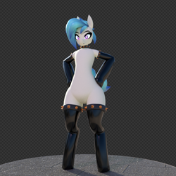 Size: 885x884 | Tagged: safe, artist:adogscurse, imported from derpibooru, dj pon-3, vinyl scratch, pony, semi-anthro, 3d, 3d model, blender, blender cycles, blue mane, choker, clothes, female, hand on hip, looking at you, purple eyes, smiling, socks, solo, spiked choker, stockings, thigh highs