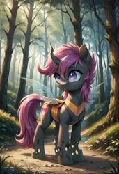 Size: 800x1169 | Tagged: safe, imported from derpibooru, scootaloo, changeling, ai content, ai generated, changelingified, cutie mark on changeling, female, forest, generator:pony diffusion v6 xl, generator:stable diffusion, mare, nature, outdoors, prompter:gregorymars, scootaling, solo, species swap, tree