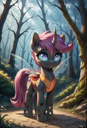 Size: 800x1169 | Tagged: safe, imported from derpibooru, scootaloo, changeling, ai content, ai generated, changelingified, cutie mark on changeling, female, forest, generator:pony diffusion v6 xl, generator:stable diffusion, mare, nature, outdoors, prompter:gregorymars, scootaling, solo, species swap, tree